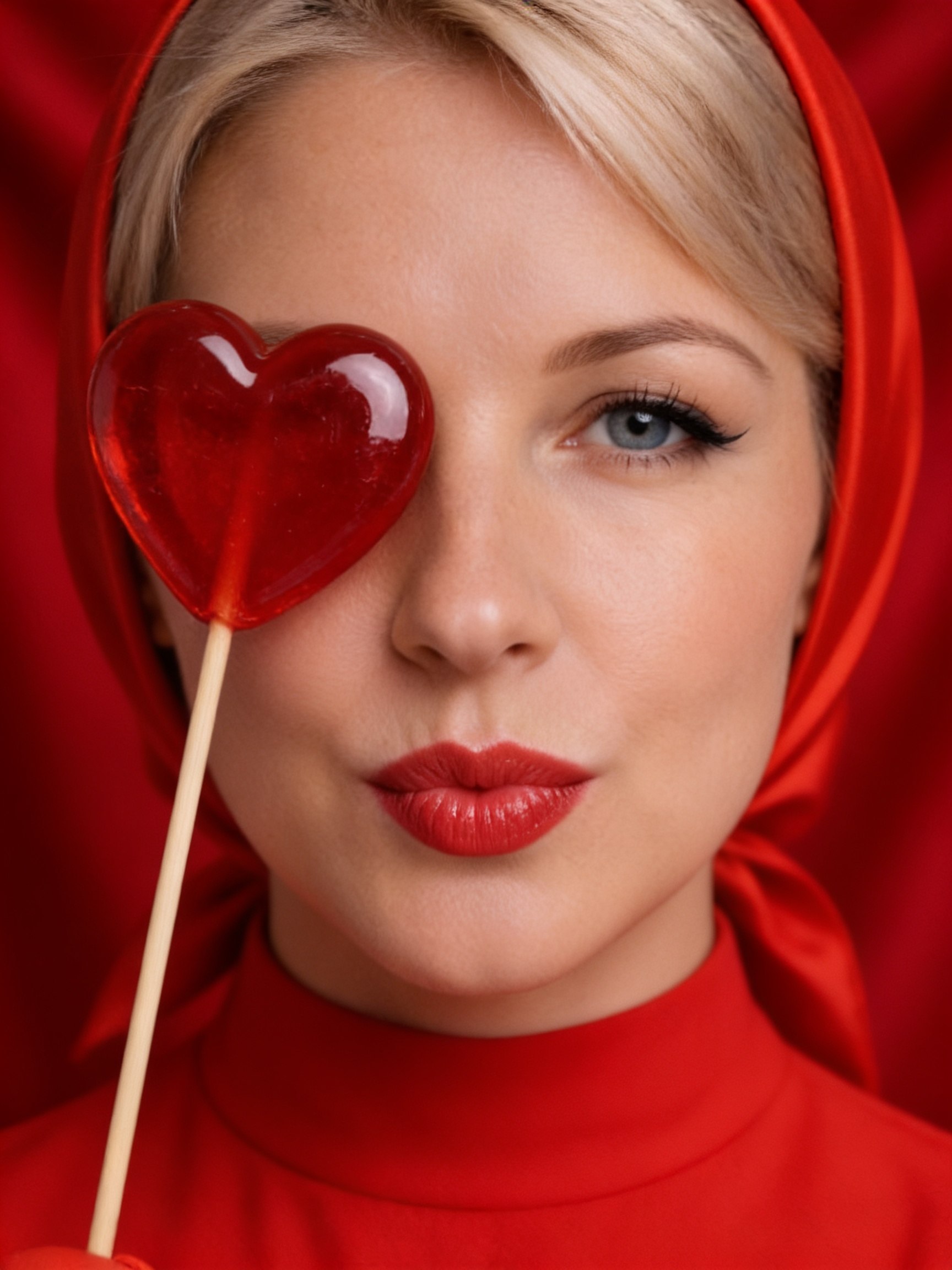 Елена Гуськова в красном платке с леденцом в форме сердца