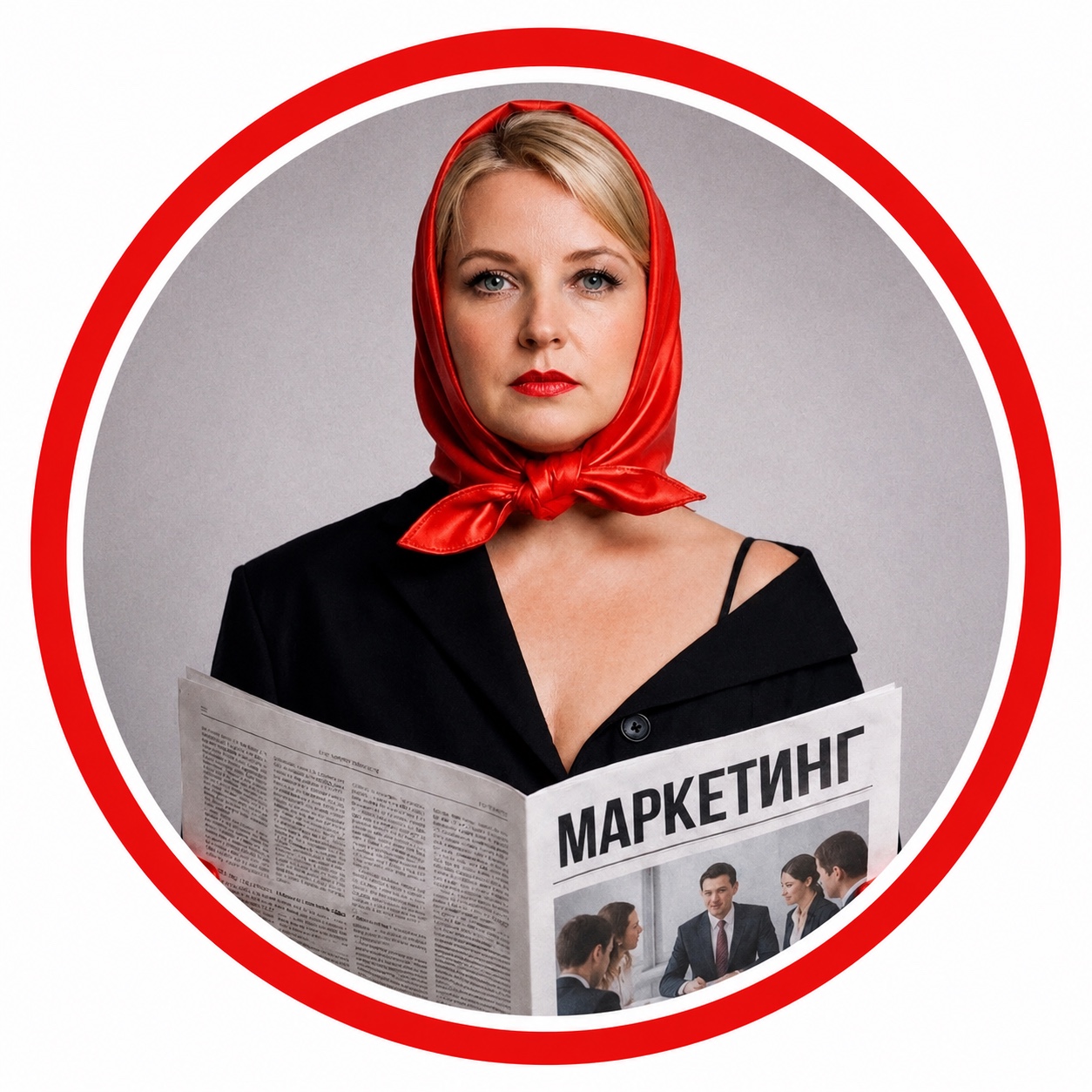 Елена Гуськова с газетой «Маркетинг» в красном круге